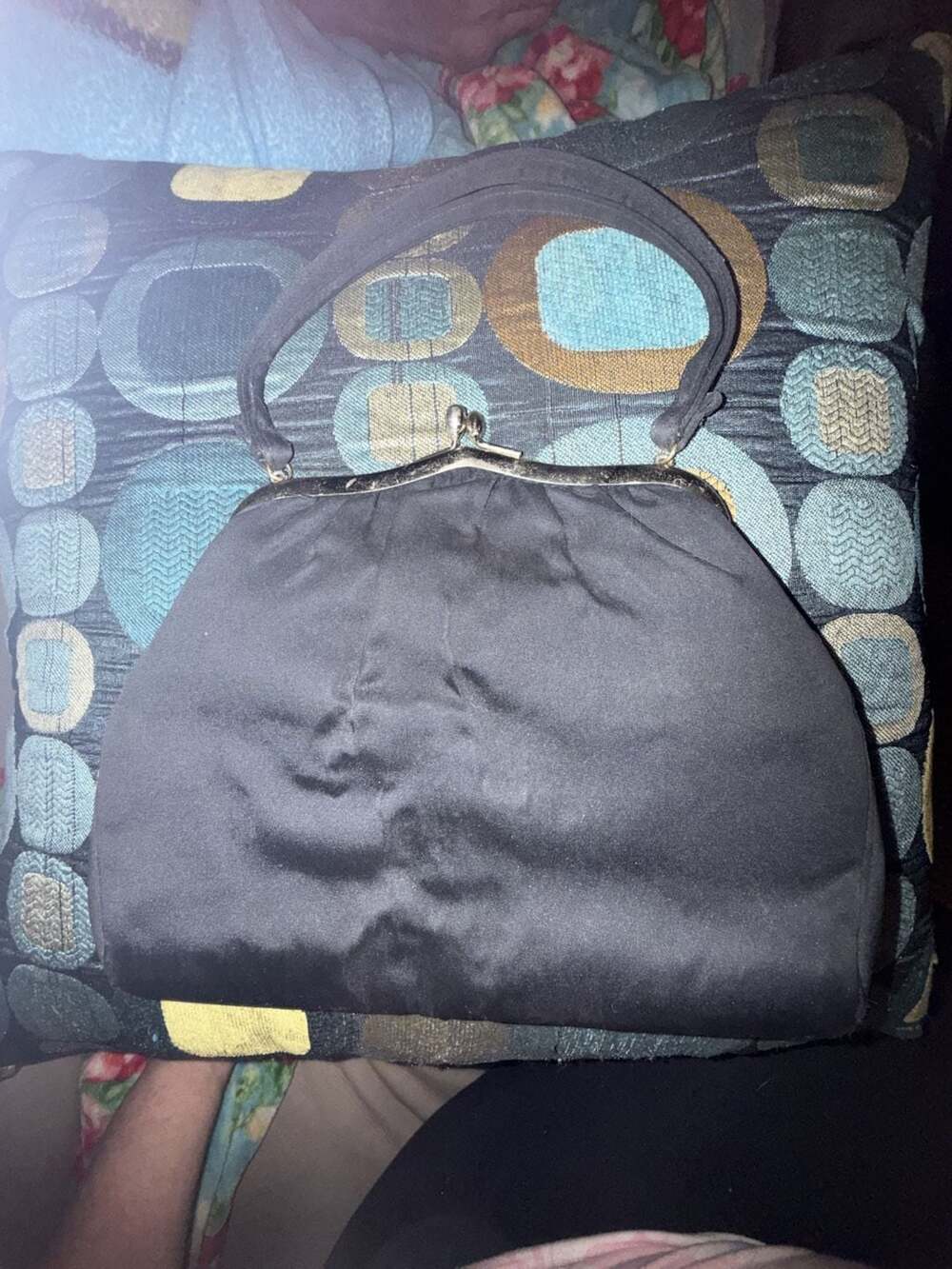 Vintage I. Magnin Black Satin Kiss-Lock Evening Handbag